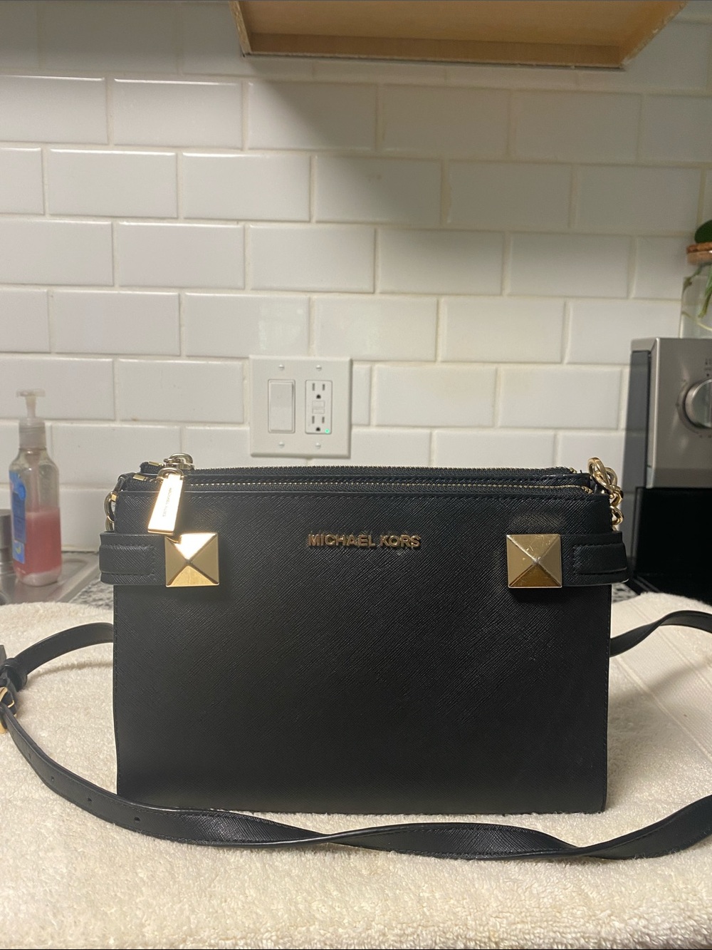 MICHAEL KORS Black Saffiano Crossbody with Gold Accents